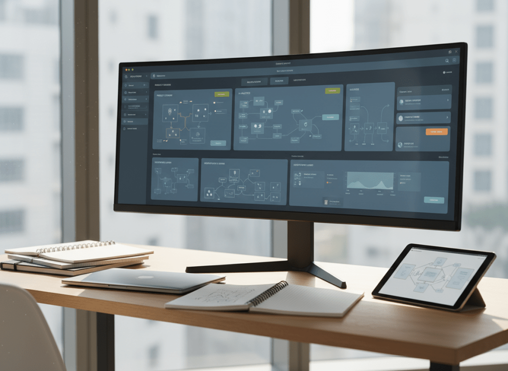 A sleek, ultra-wide desktop monitor displaying a sophisticated UX dashboard interface composed of crisp grids, muted blues, and subtle accent colors, standing on a minimalist wooden desk. Around it, neatly arranged notebooks, a closed laptop, and a tablet show complementary wireframes and user flows. Soft daylight from a nearby floor-to-ceiling window washes across the surface, creating gentle reflections on the screen and a calm, focused atmosphere. Shot at eye level with a slight angle, the composition uses rule of thirds and shallow depth of field to highlight the digital product design, evoking a polished, modern, photographic realism that suggests strategic UX thinking and enterprise-level product work.