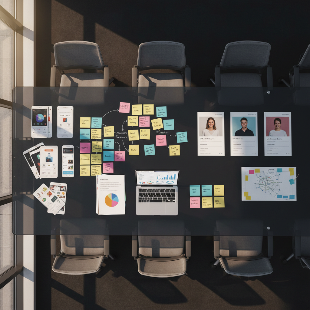 A large glass-walled meeting room table viewed from above, its dark matte surface covered with neatly arranged UX artifacts: high-fidelity mockups on glossy paper, sticky-note clusters forming user journeys, printed personas, and a laptop showing an analytics dashboard. A few ergonomic chairs are pushed back, implying recent collaboration without showing people. Late-afternoon natural light streams across the table from one side, casting long, clean shadows and creating a serious yet dynamic mood. The photographic image is composed with a bird’s-eye perspective and sharp focus throughout, emphasizing process, research, and business outcomes at scale in a sophisticated, enterprise environment.