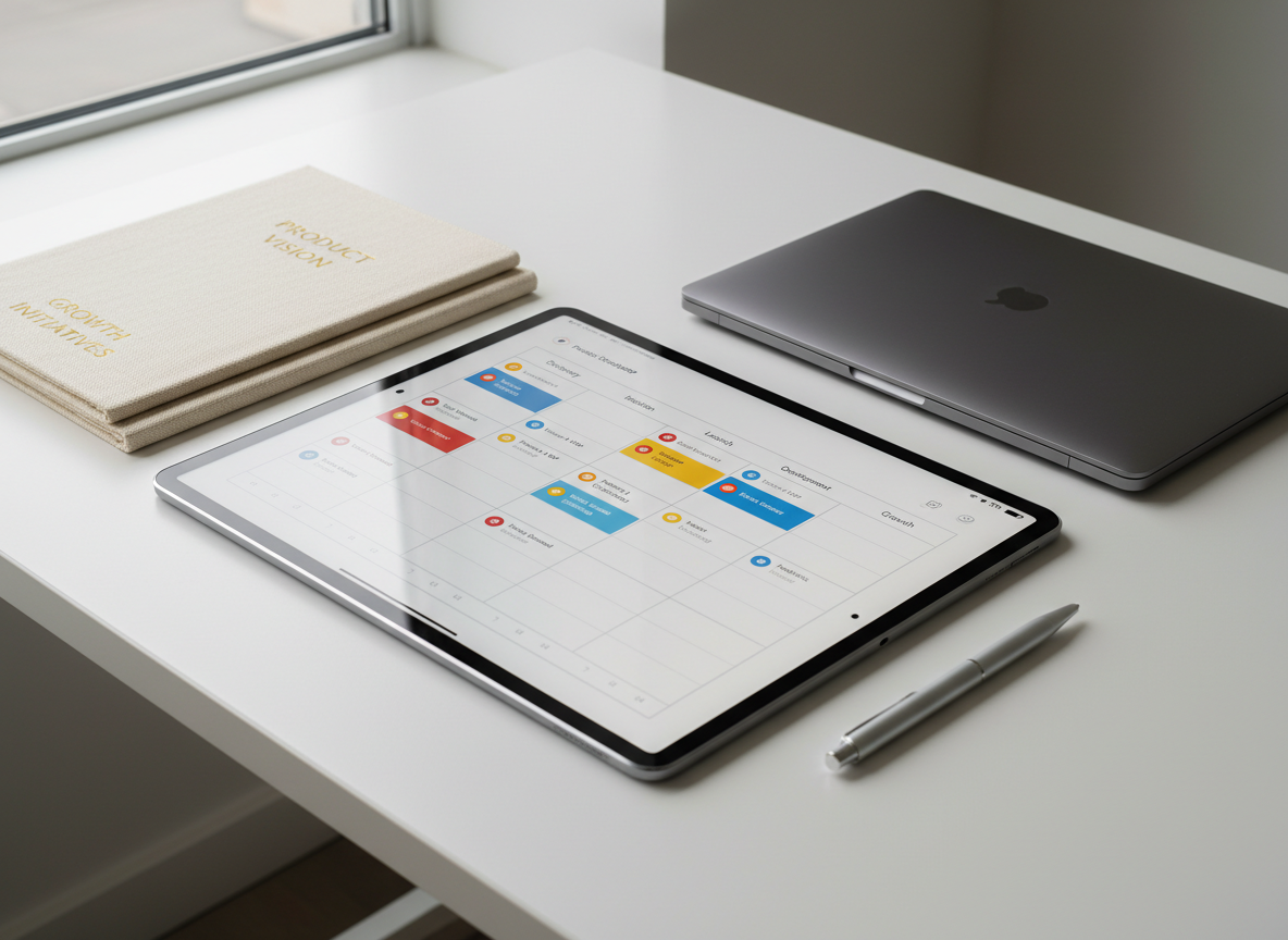 An elegant, minimalist workspace featuring a large touchscreen tablet lying flat on a clean white desk, displaying an interactive product strategy roadmap with columns, timelines, and priority tags. Surrounding it are neatly stacked strategy documents, a slim metal pen, and a closed laptop, all aligned with precise spacing. Diffused overcast daylight from a nearby window creates soft, even illumination, with subtle shadows that emphasize the tablet as the focal point. Photographic realism and an eye-level, slightly diagonal composition lend a sophisticated, thoughtful atmosphere, highlighting the connection between UX design, product strategy, and measurable business growth without clutter or distraction.