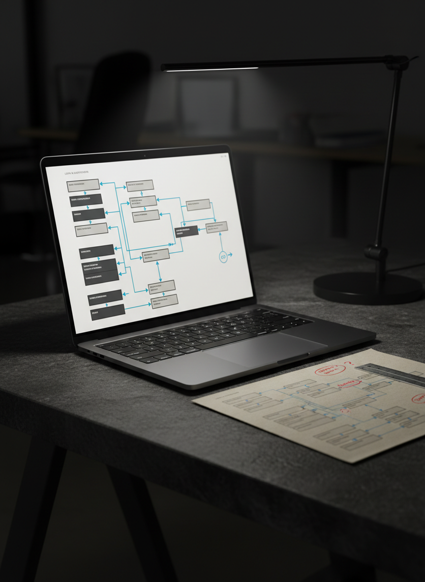 A high-contrast, photographic close-up of a laptop on a dark stone tabletop, its screen filled with an intricate user flow diagram for a complex enterprise application. Branching paths, decision points, and clearly defined stages form a visually compelling structure in refined neutral tones with a single bold accent color. Next to the laptop lies a printed flow on heavyweight paper with annotations, along with a fine-line metal ruler. A focused desk lamp casts precise, directional light, illuminating the diagram while the background falls into soft shadow. Shot from a low, side angle, the mood is analytical and exacting, emphasizing strategic UX problem-solving.